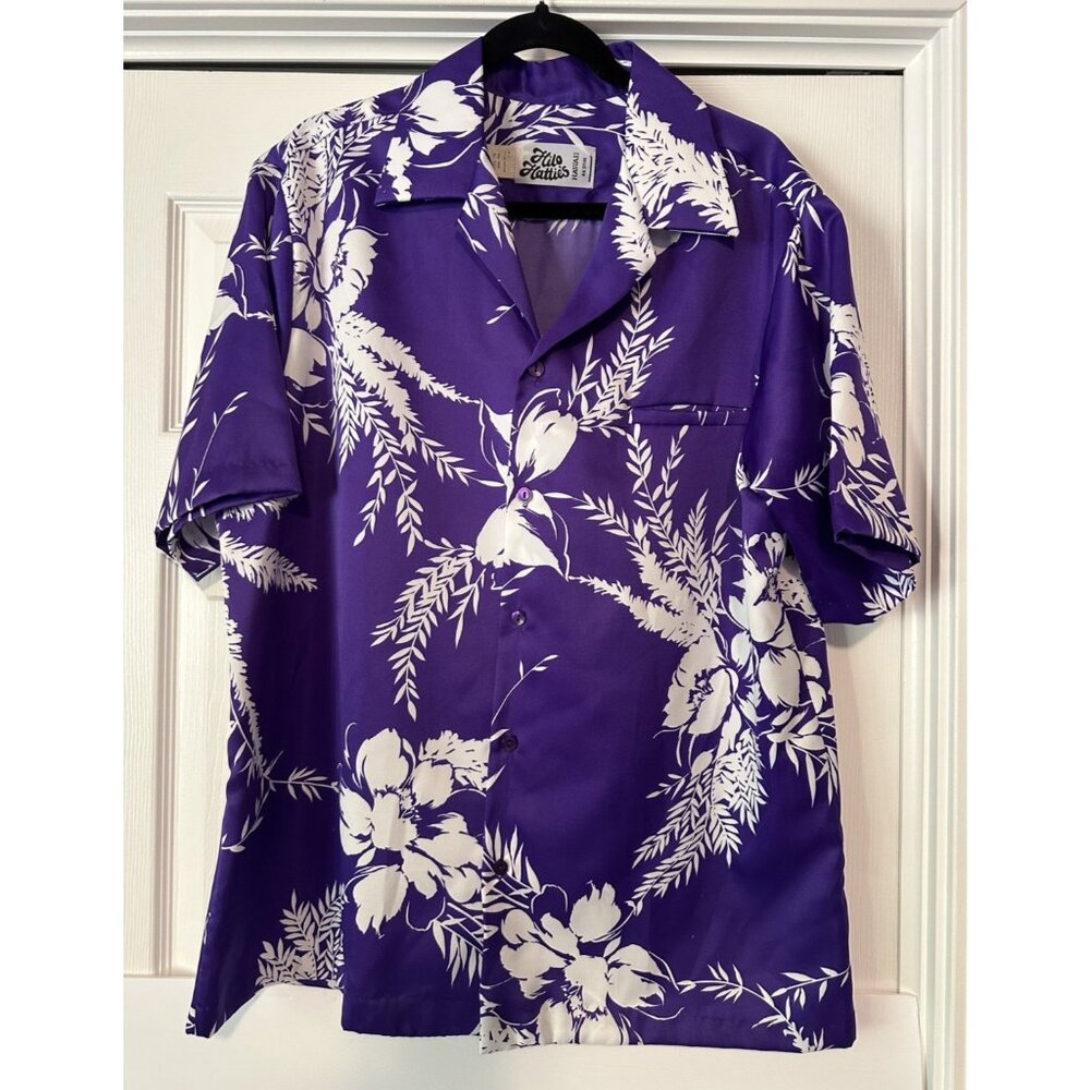Hilo Hattie's men Hawaiian shirt XL purple white polyester 1970s VTG costume old